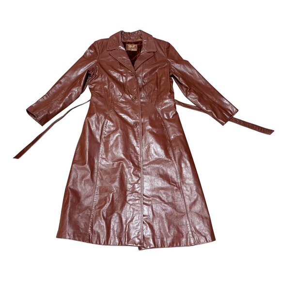 VINTAGE MAXI LEATHER JACKET BEALTED TRENCH COAT BROWN WOMENS SIZE 12 - Picture 1 of 14